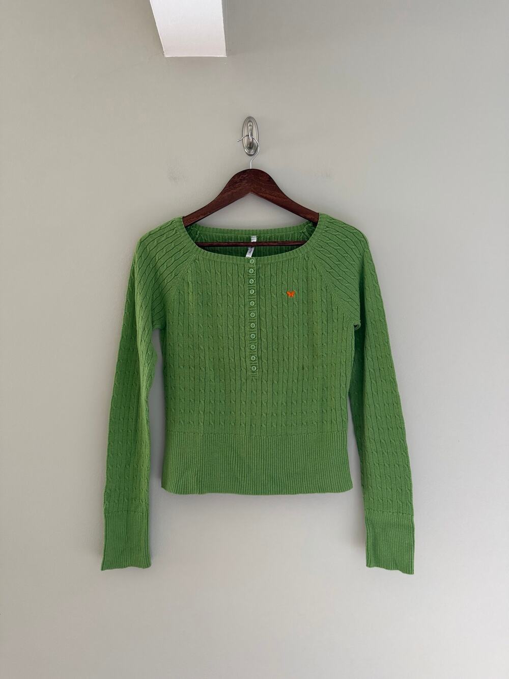 VINTAGE AEROPOSTLE Lime Green Cable-Knit Buttoned Pullover Sweater Size XL